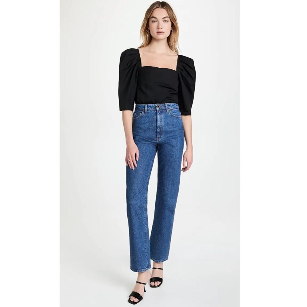 NWT VINCE‎ DRAPED 3/4 SLEEVE SQUARE NECK POPLIN TOP BLOUSE BLACK - Picture 2 of 8